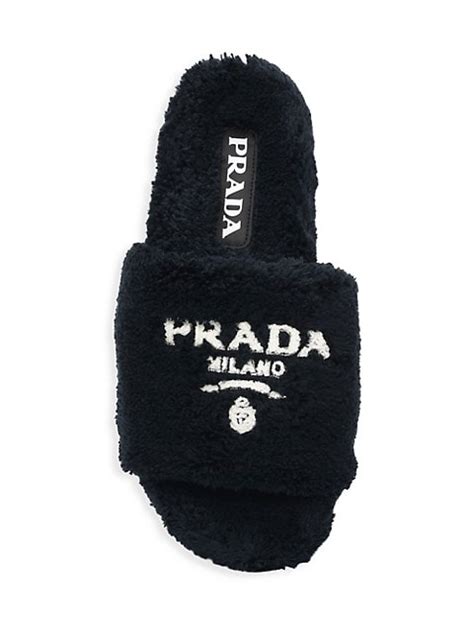 Shop Prada Terry Faux Fur Logo Slides 